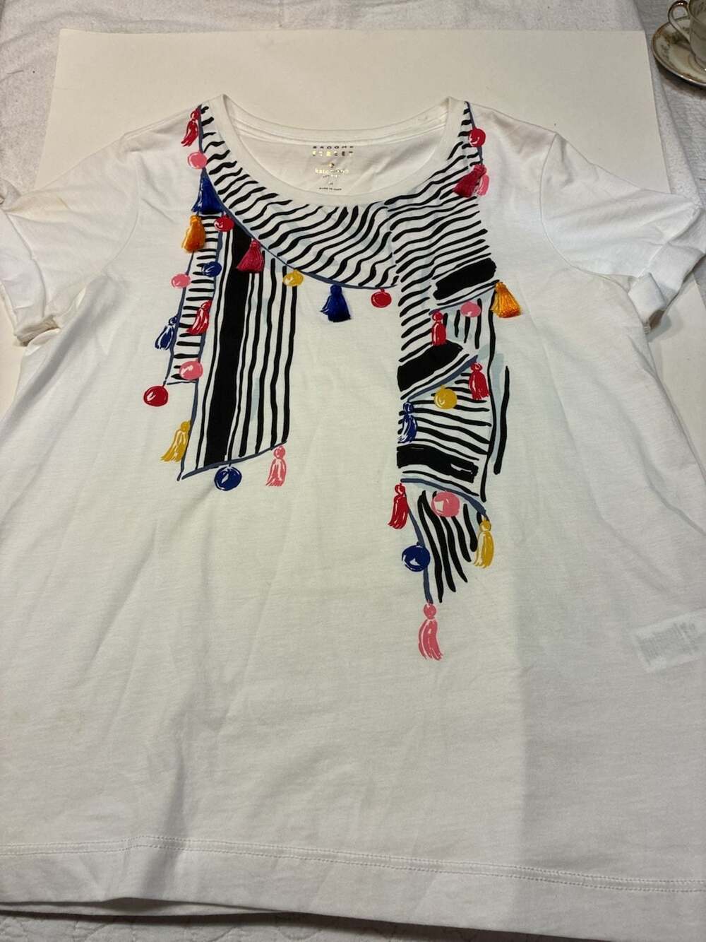 Kate Spade Broome Street T-Shirt with Scarf Print and Tassel Embellishments